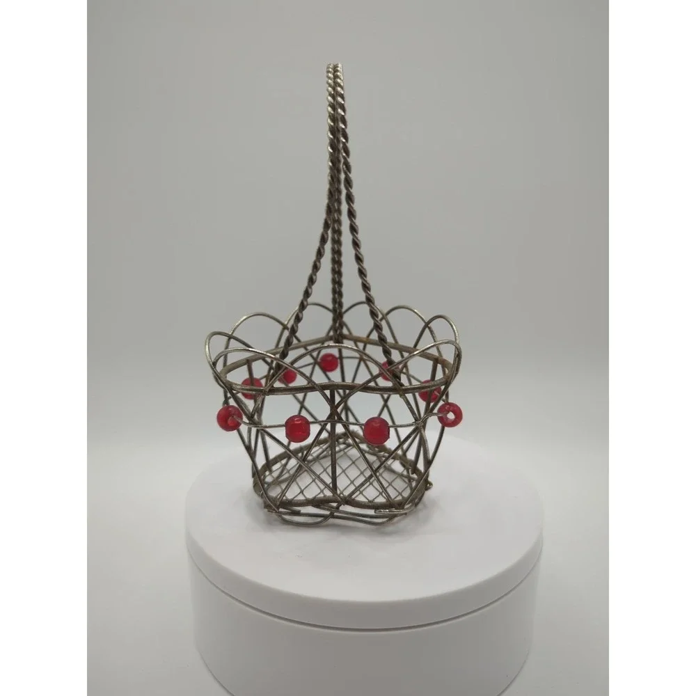 Vintage Heart Shape Mini Metal Wire Basket Red Beads Boho Valentine Decor